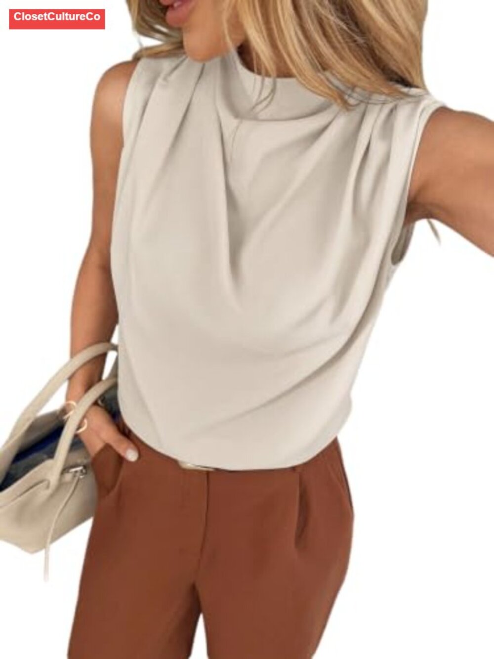 Mock Neck Sleeveless Draped Ruched Satin Blouse